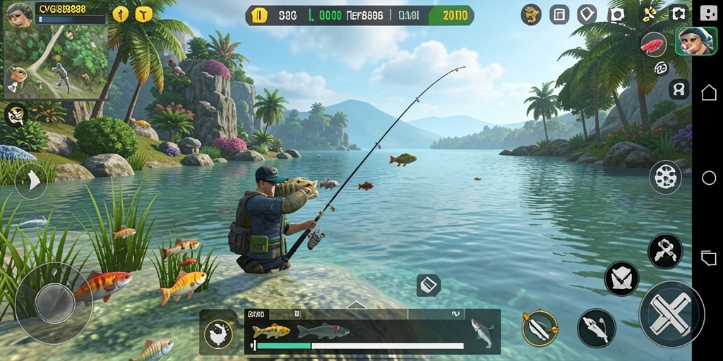 Tampilan gameplay <strong>CVG8888</strong> yang memukau saat memancing di danau.