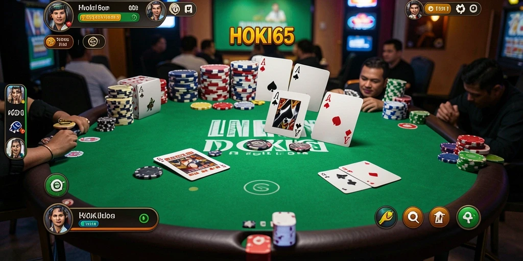 Tampilan gameplay yang menegangkan di HOKI65 dengan fitur poker interaktif.