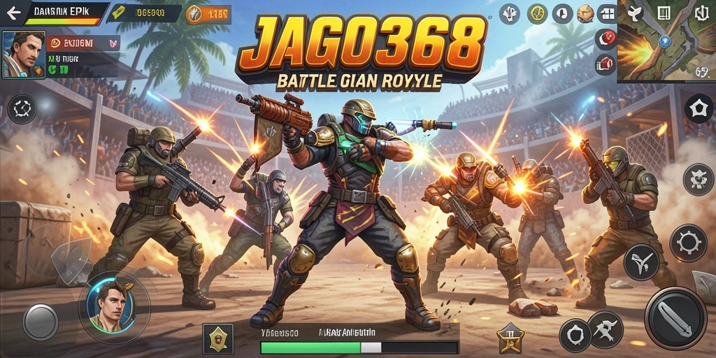 Screenshot gameplay JAGO368 menampilkan pertempuran seru di arena Battle Royale.