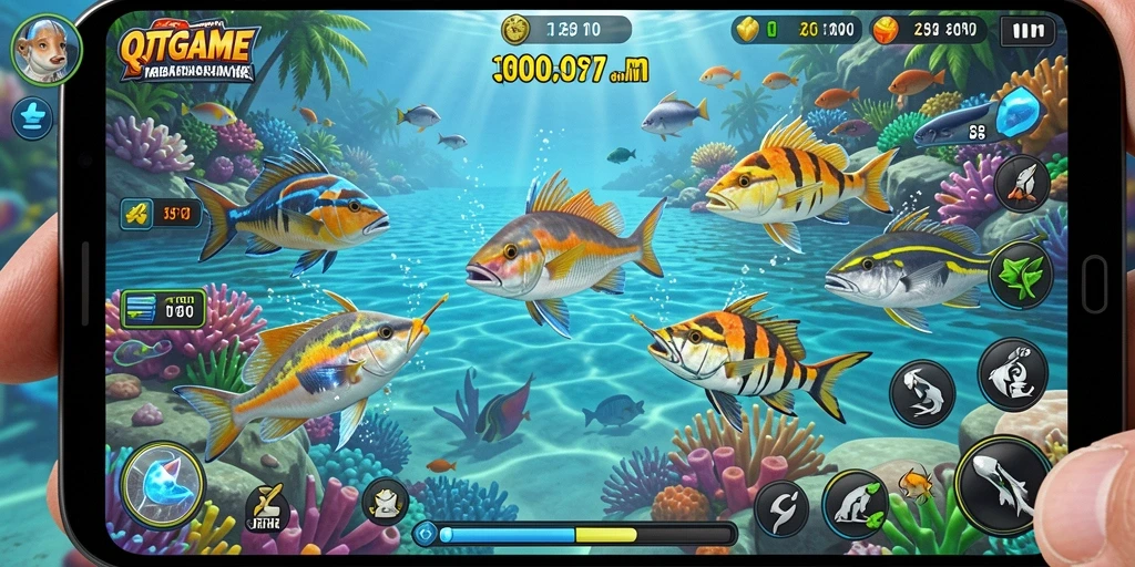 Menampilkan gameplay seru dalam QTGAME dengan aksi tembak ikan.