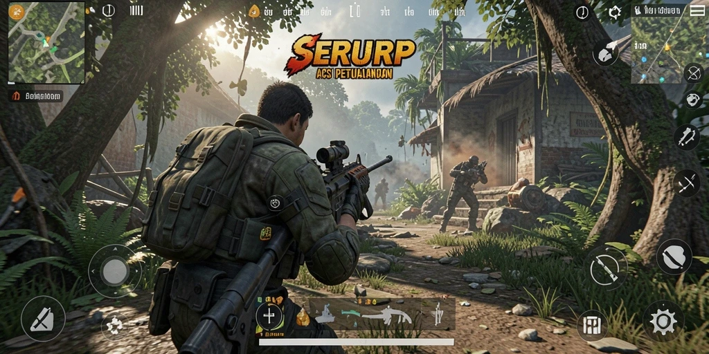 Screenshot utama SERURP menunjukkan aksi tembak-menembak seru di medan perang.